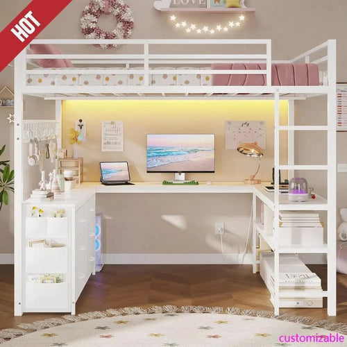 #Space Saving Metal Loft Bed With Staircase L-Shaped Desk High Sleeper Sturdy Iron Frame Bunk Bed For Kids Teens Adult Bedroom