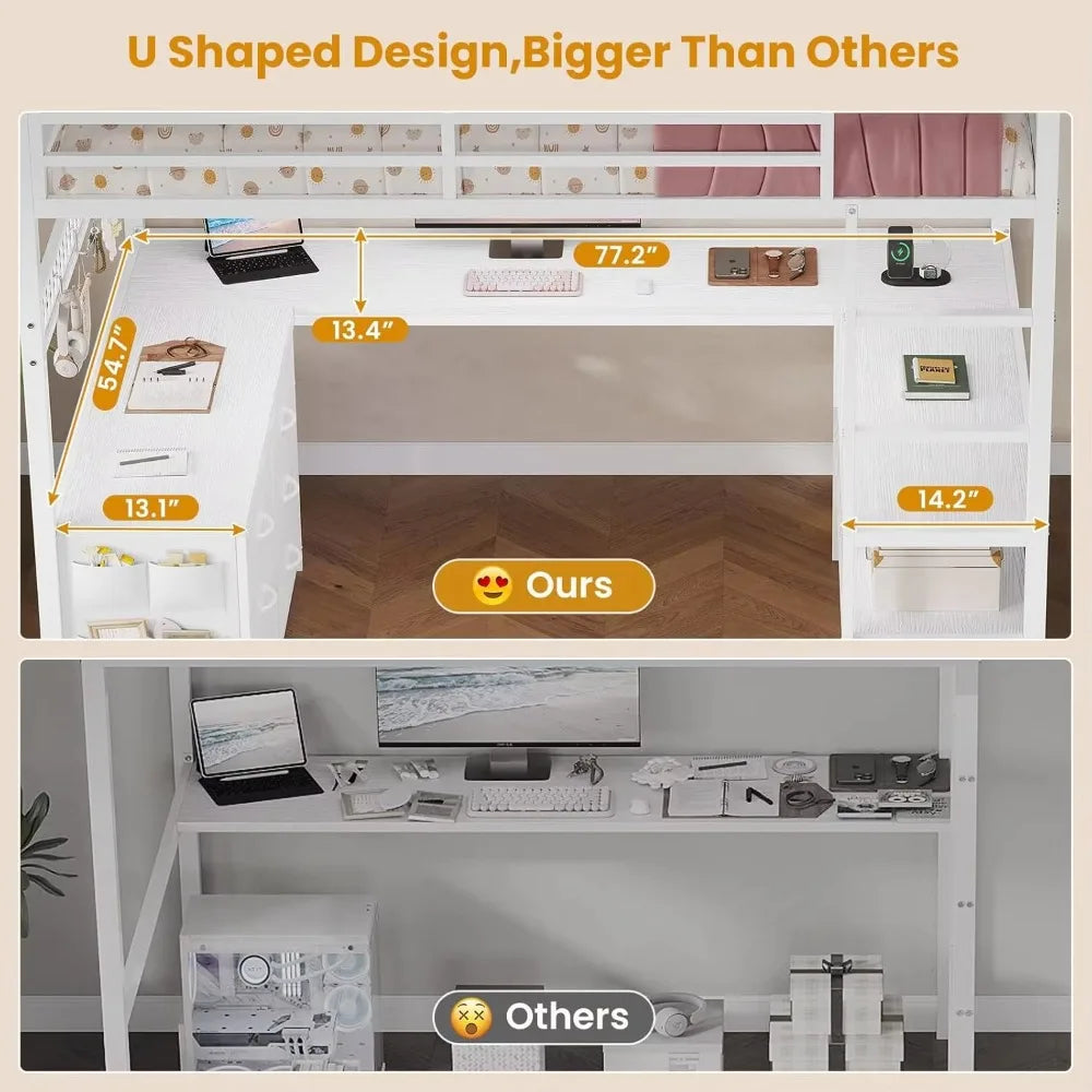#Space Saving Metal Loft Bed With Staircase L-Shaped Desk High Sleeper Sturdy Iron Frame Bunk Bed For Kids Teens Adult Bedroom