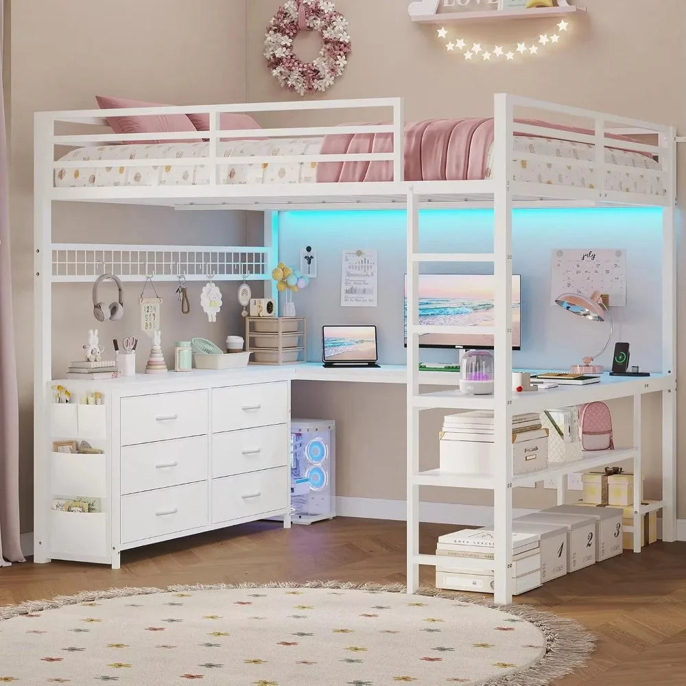 #Space Saving Metal Loft Bed With Staircase L-Shaped Desk High Sleeper Sturdy Iron Frame Bunk Bed For Kids Teens Adult Bedroom