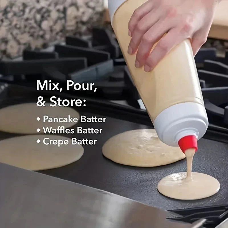 Pancake Batter Mixer Shaker Bottle Built-in Blender Ball & Wire Whisk, Hand Dough Dispenser for Pancakes Cupcakes Muffins Crepes